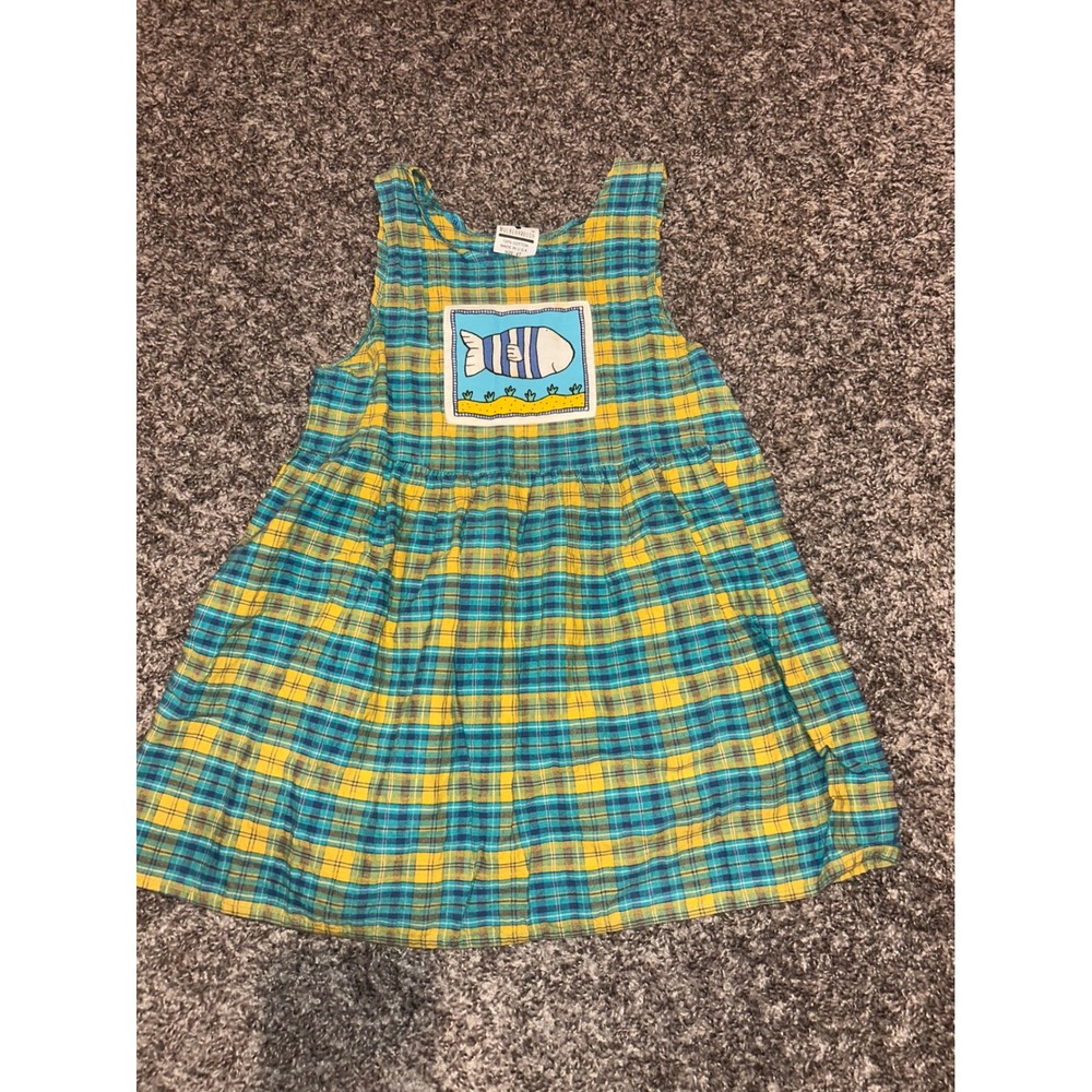 Vintage Mulberribush Girls Size 4 Dress Yellow Teal Plaid Fish Patch Sleeveless